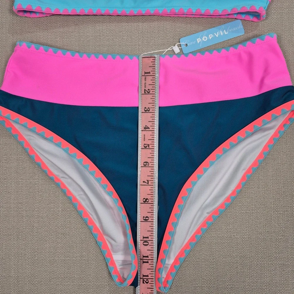 Popvil 3 Piece Swimsuit Set Teal Pink Colorblock Ric Rac Skirt Bikini Womens L